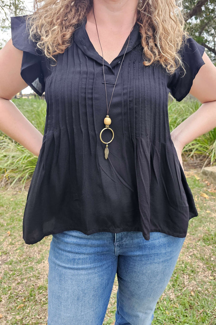 Black Frill Pintuck Top