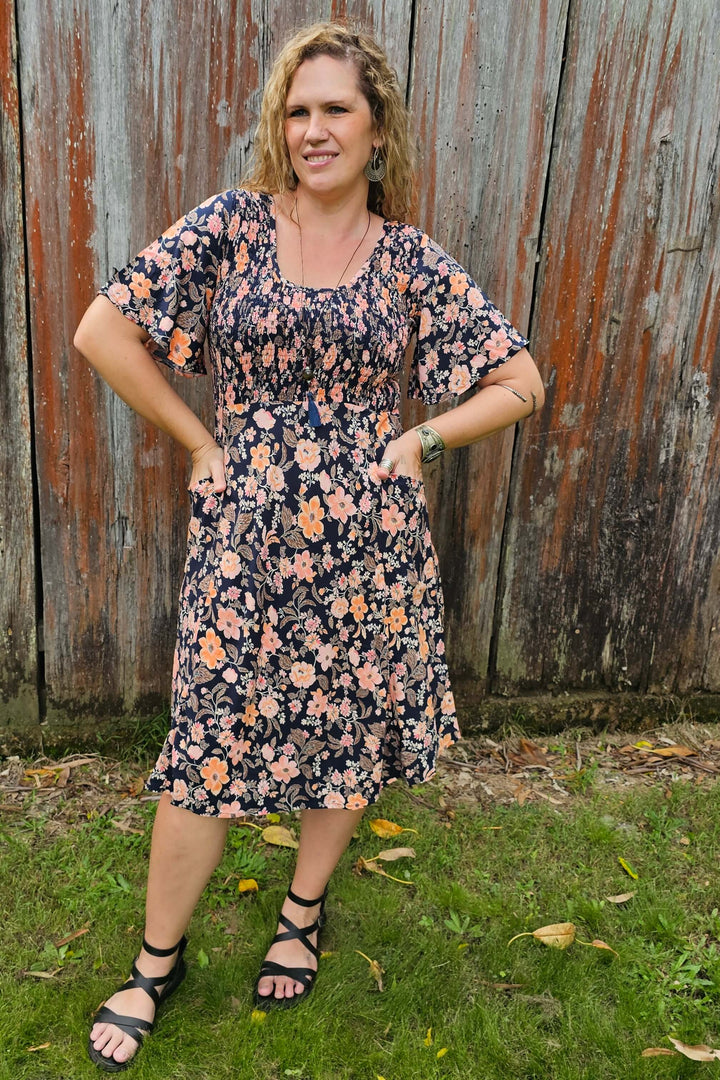 Midnight Pansy Shirred Dress