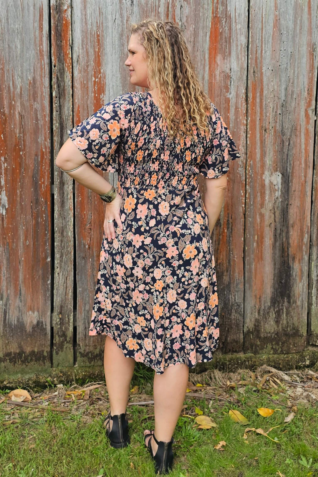 Midnight Pansy Shirred Dress