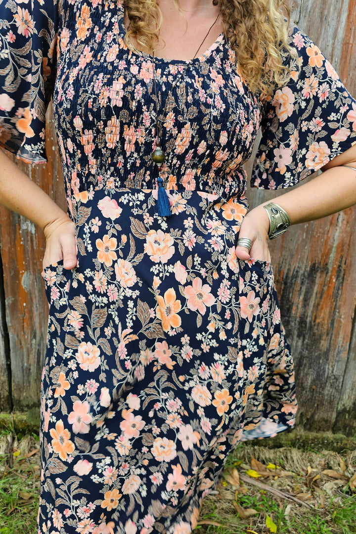 Midnight Pansy Shirred Dress