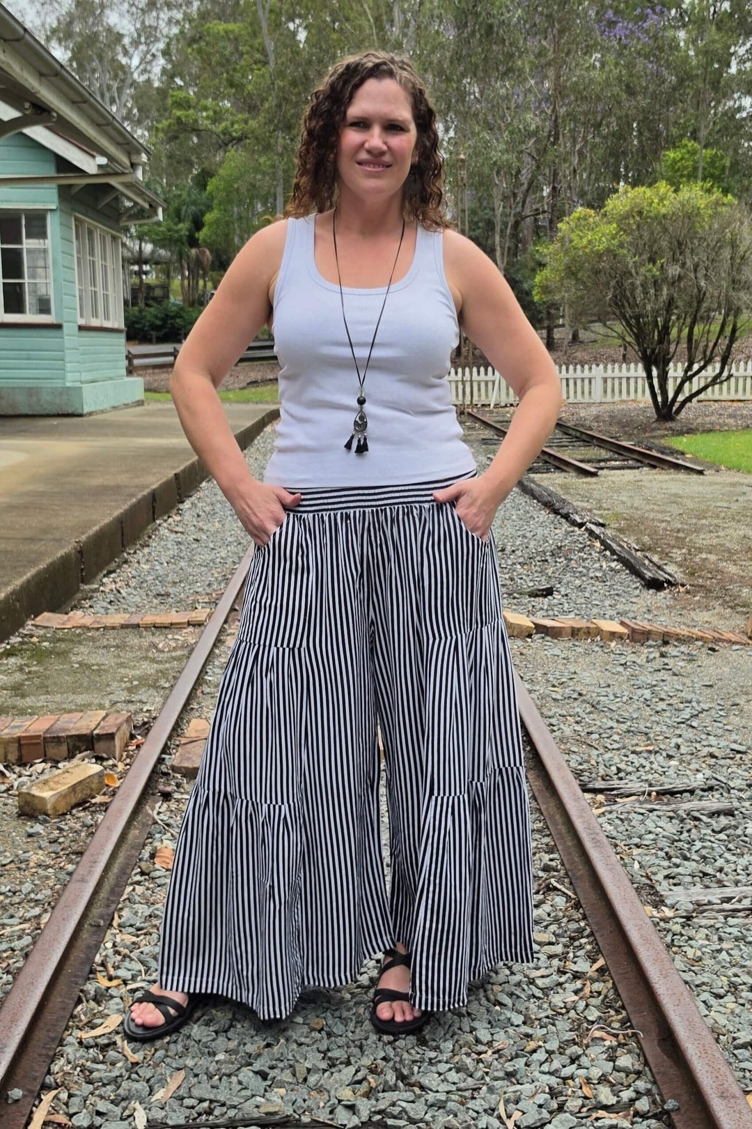 Black Stripe Frill Pants