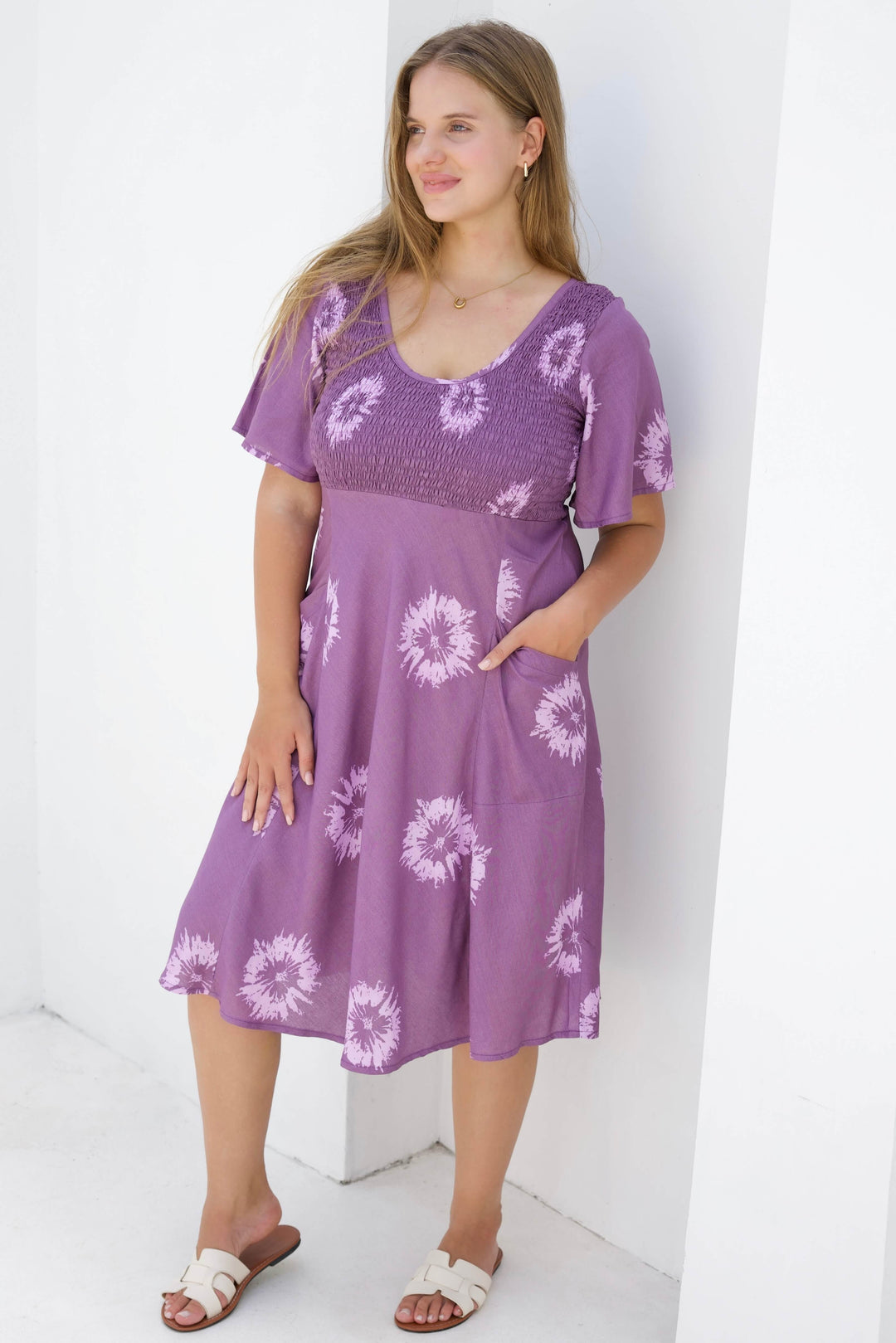 Lavender Flower Shirred Dress