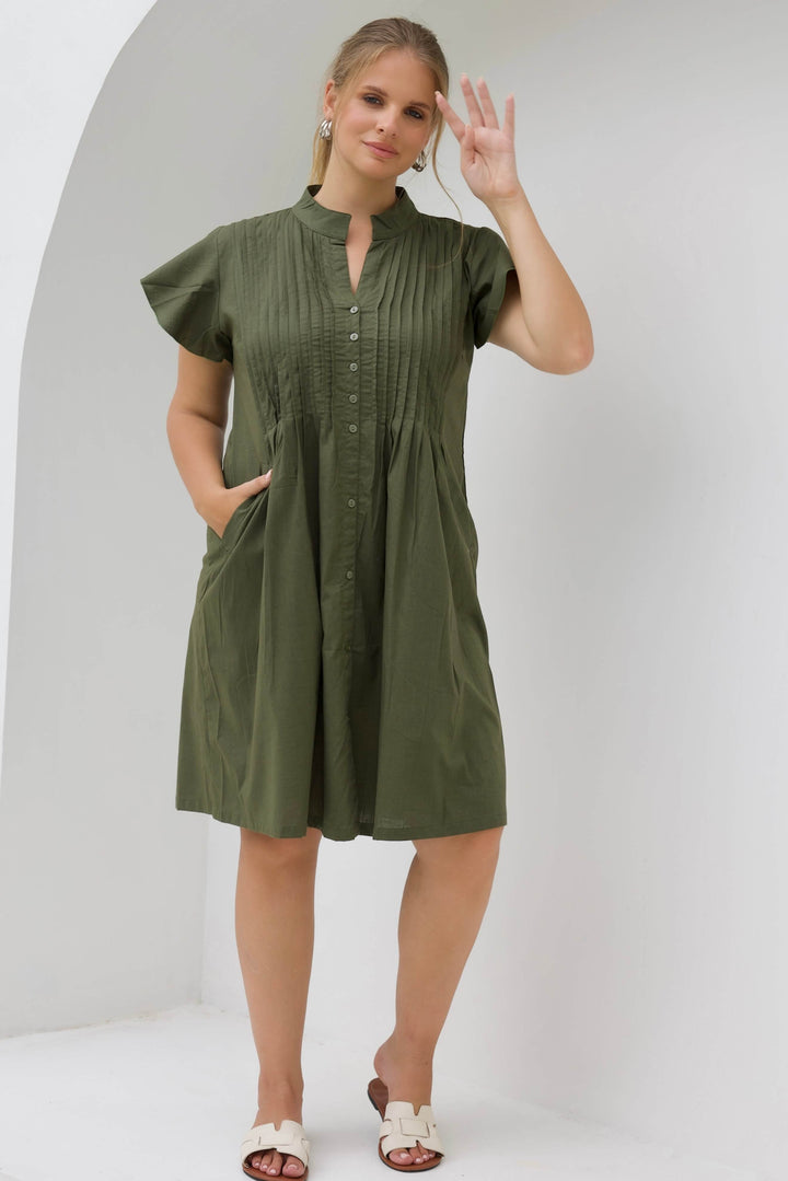 Khaki Cotton Mini Dress With Frill Sleeve