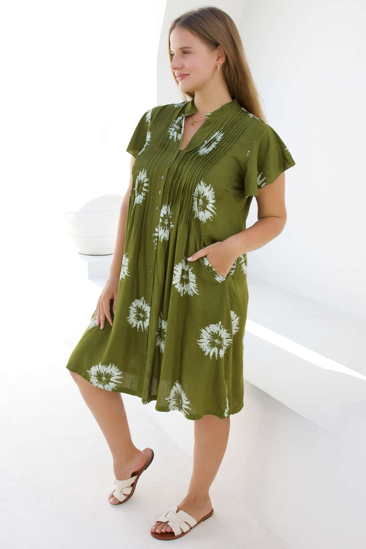 Khaki Flower Mini Dress With Frill Sleeve