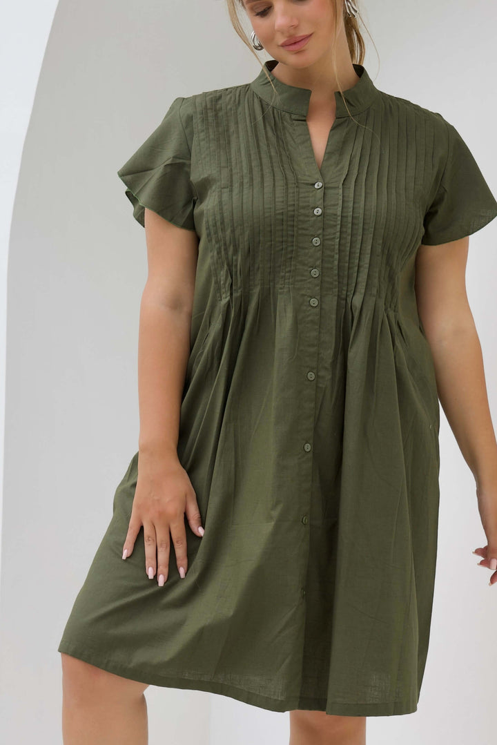 Khaki Cotton Mini Dress With Frill Sleeve