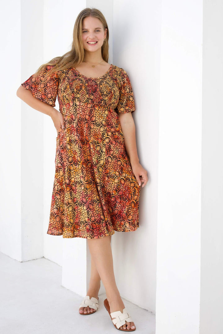 Sunset Mandala Shirred Dress