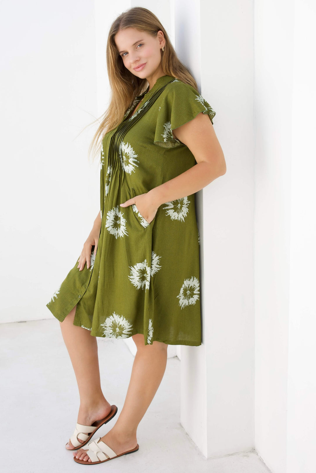 Khaki Flower Mini Dress With Frill Sleeve