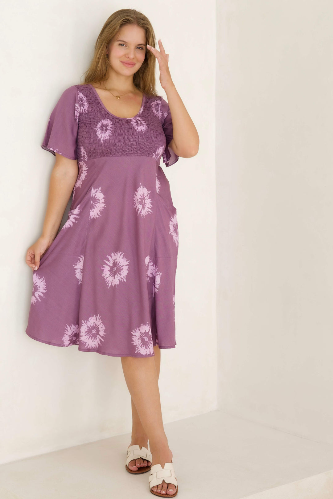 Lavender Flower Shirred Dress