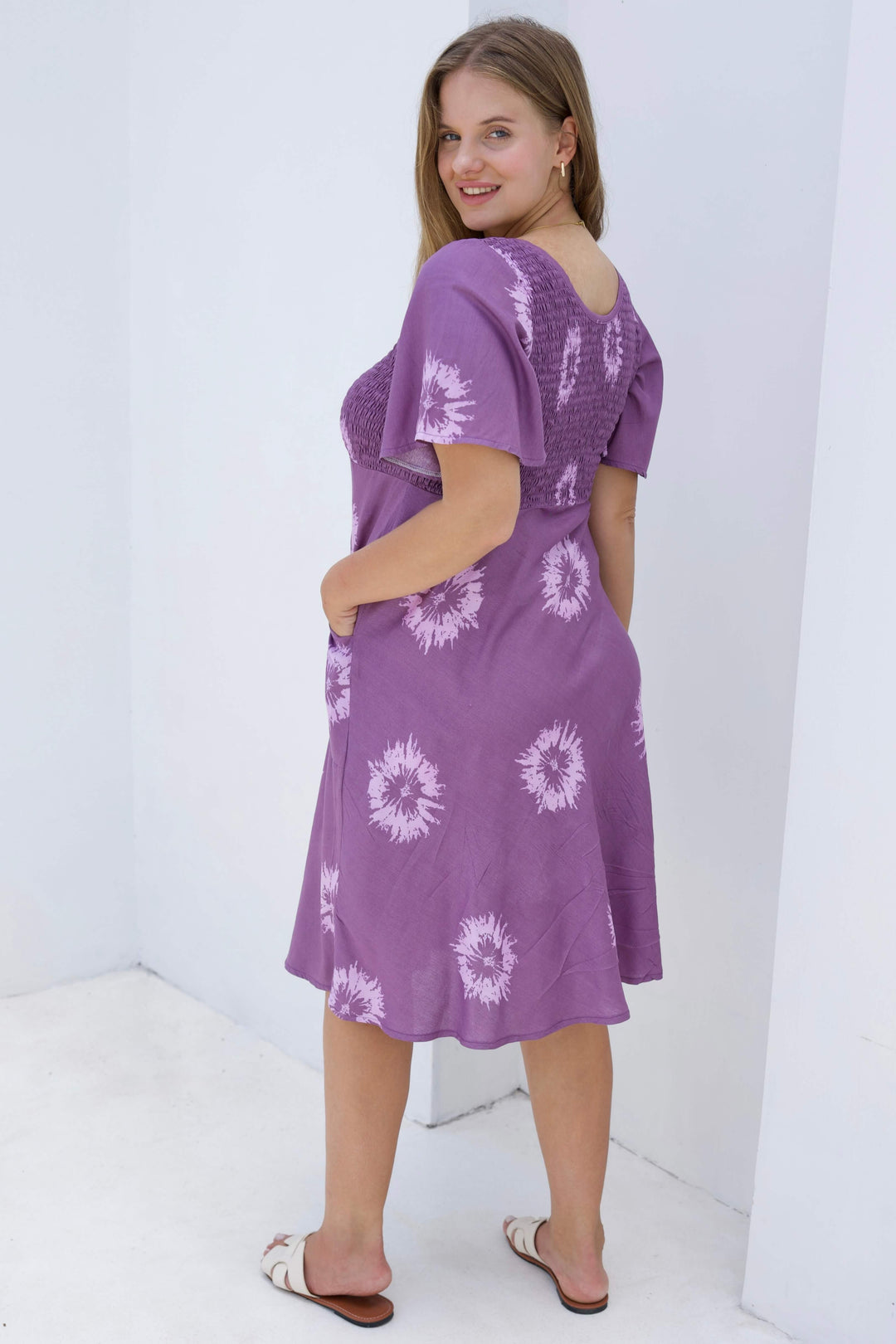 Lavender Flower Shirred Dress