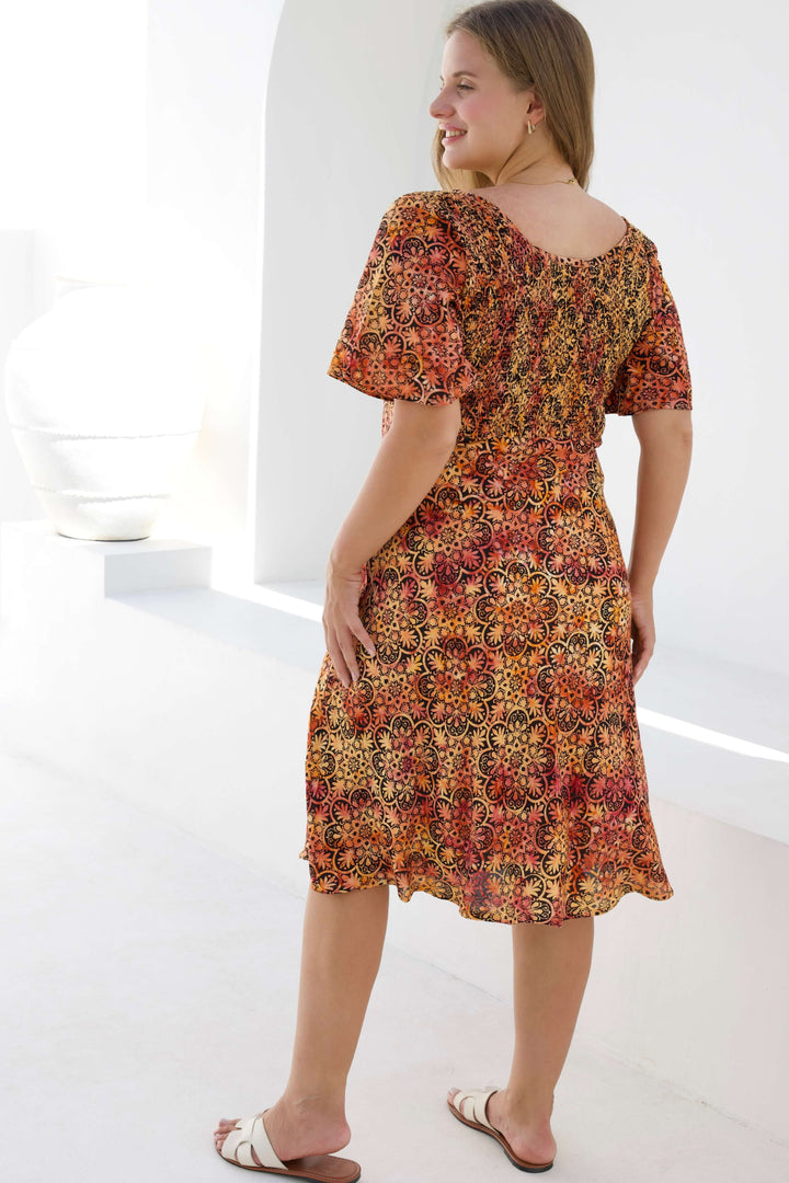 Sunset Mandala Shirred Dress