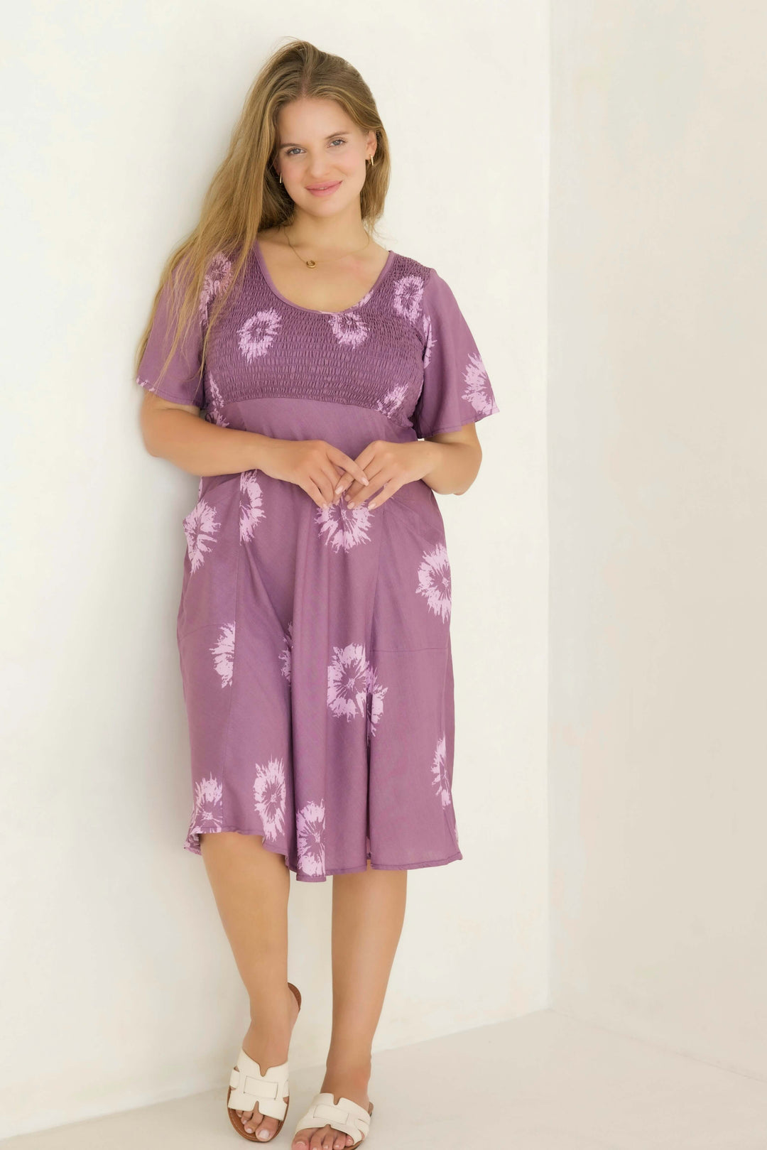 Lavender Flower Shirred Dress