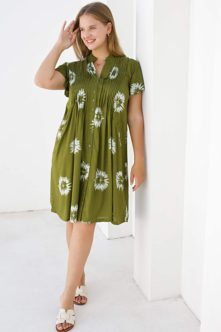 Khaki Flower Mini Dress With Frill Sleeve