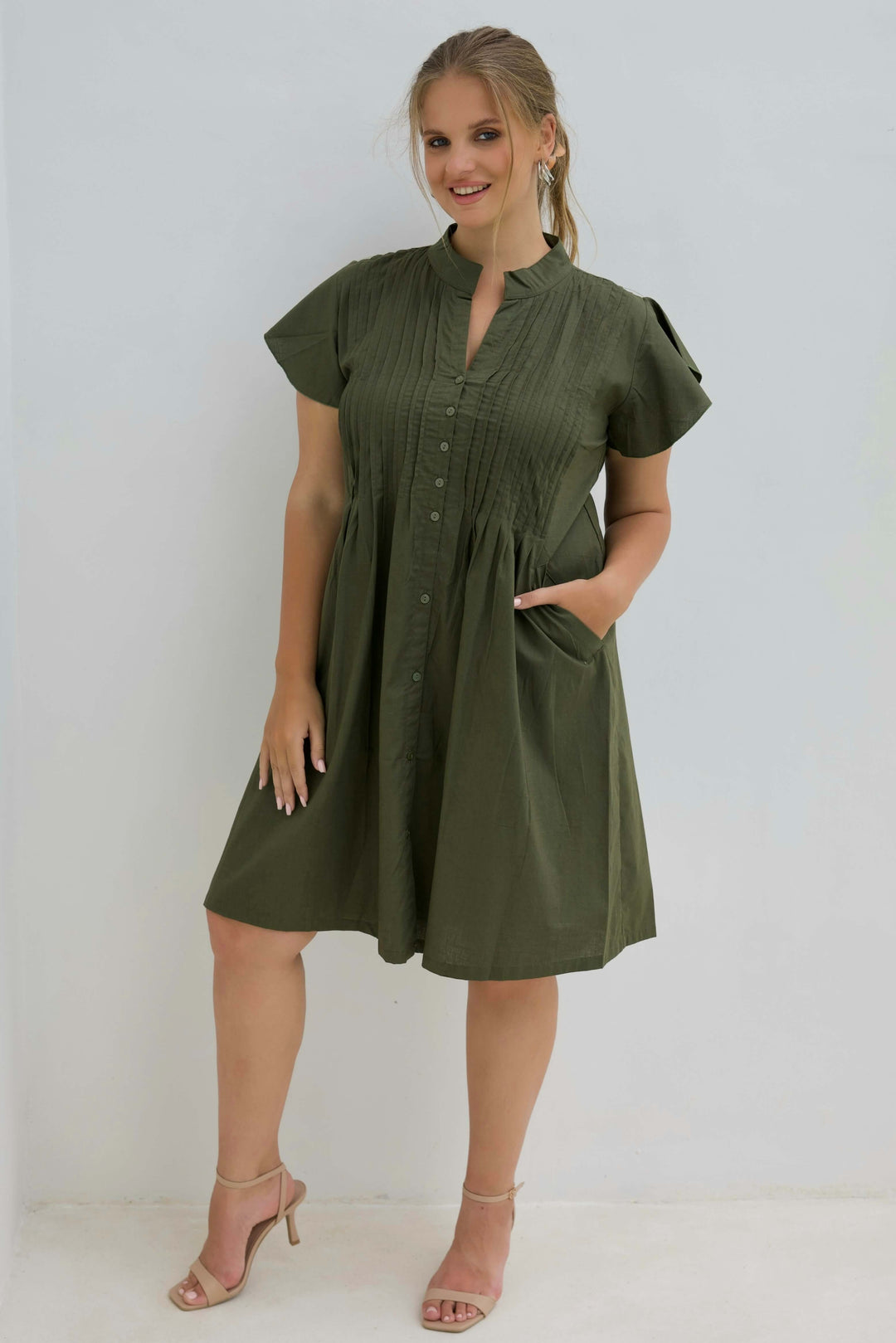 Khaki Cotton Mini Dress With Frill Sleeve