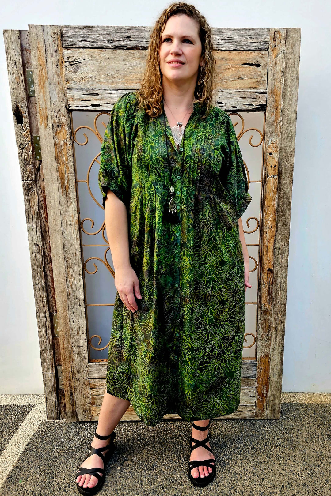 Evergreen Cotton Bell sleeve Dress- please size down * read description