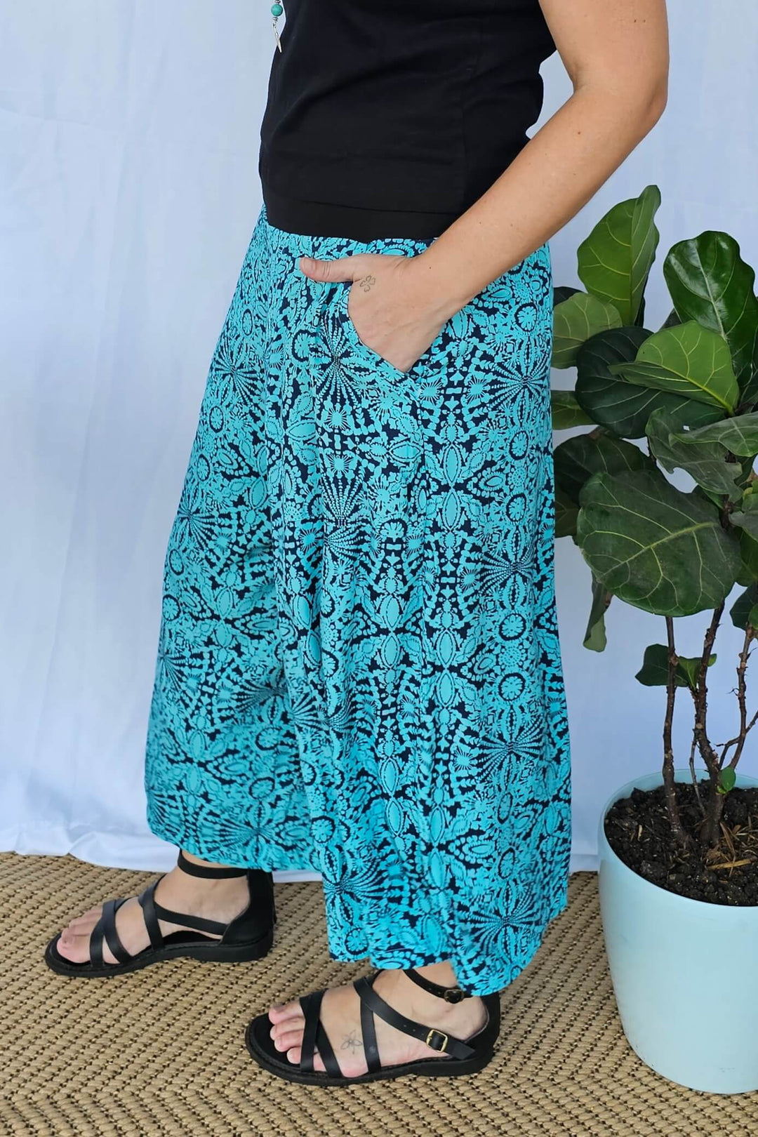 Side view of Blue Mandala 7/8 Palazzo Pants showing the flowing wide-leg cut and lightweight breathable rayon fabric.