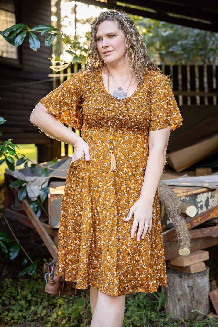 Mustard Bloom Shirred Dress