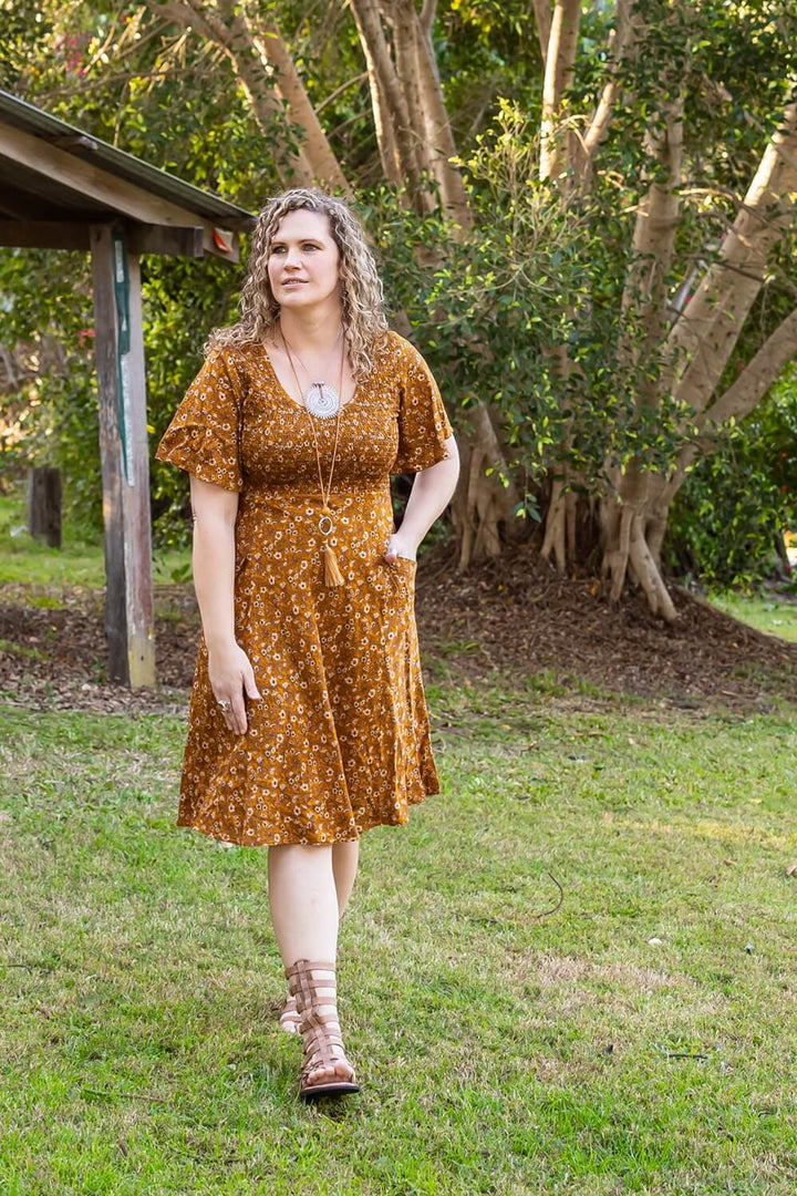 Mustard Bloom Shirred Dress