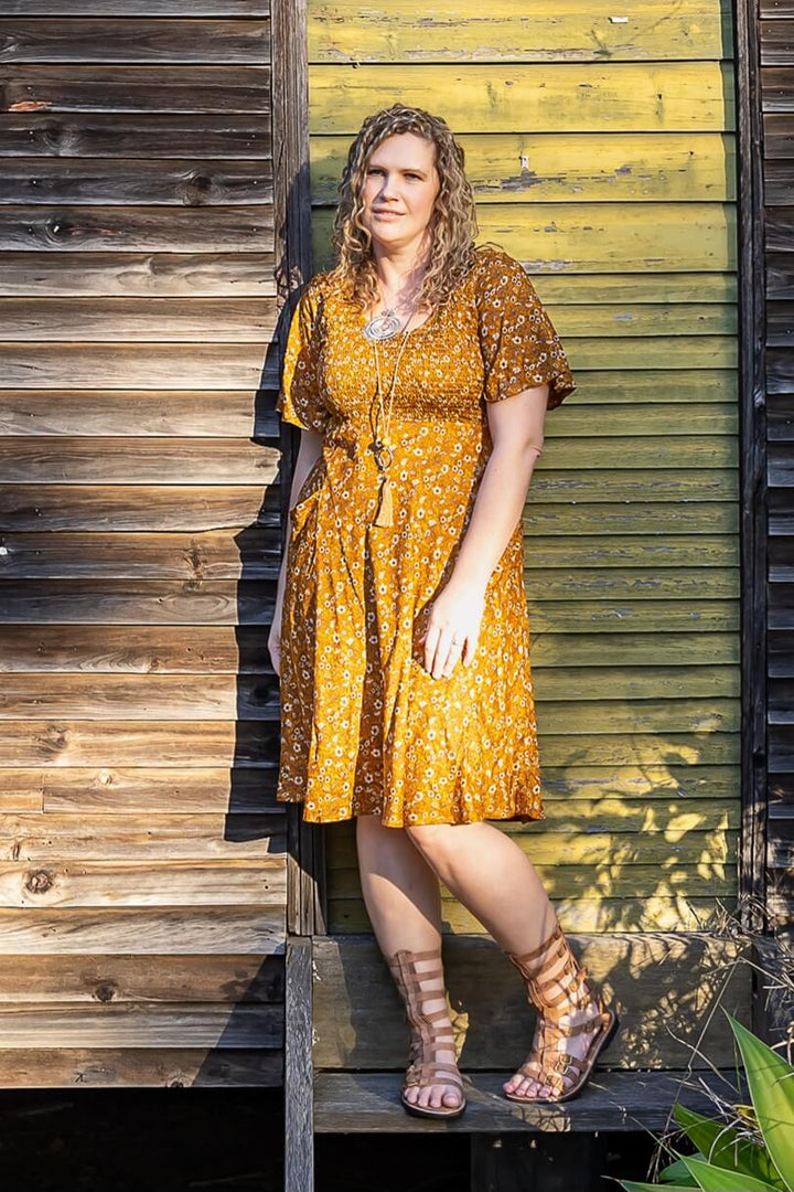 Mustard Bloom Shirred Dress