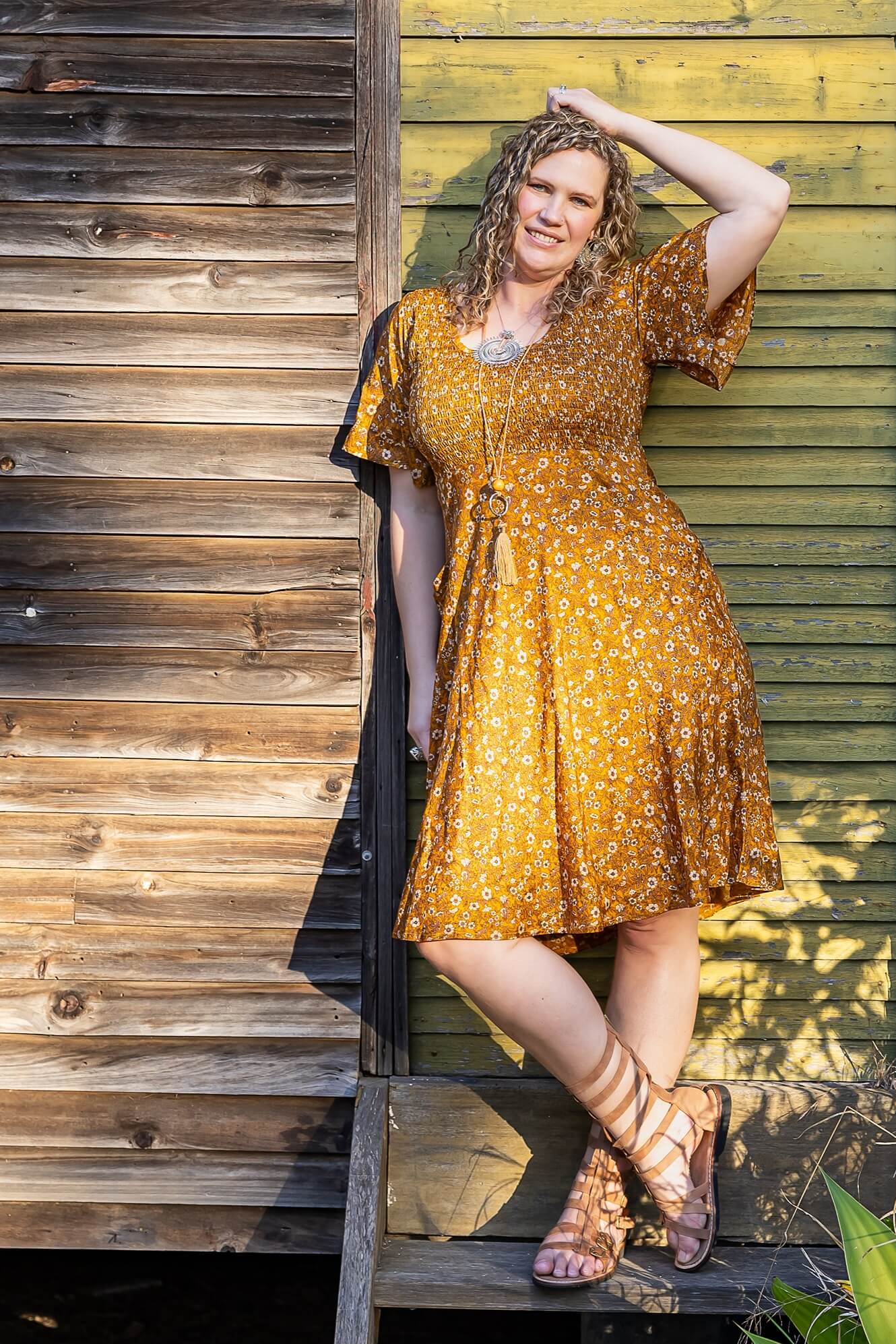 Mustard Bloom Shirred Dress