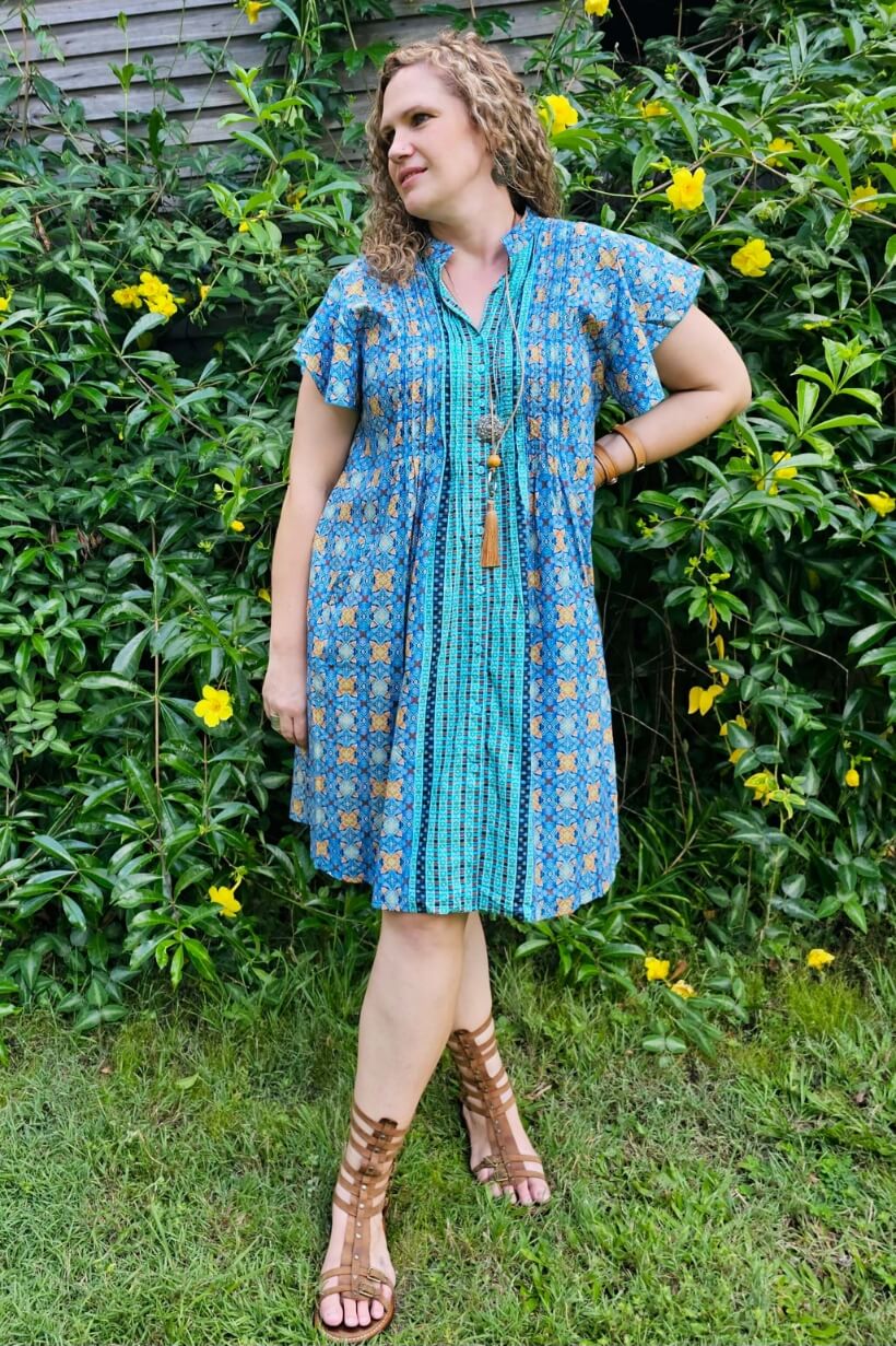 Blue Cotton Mini Dress With Frill Sleeve