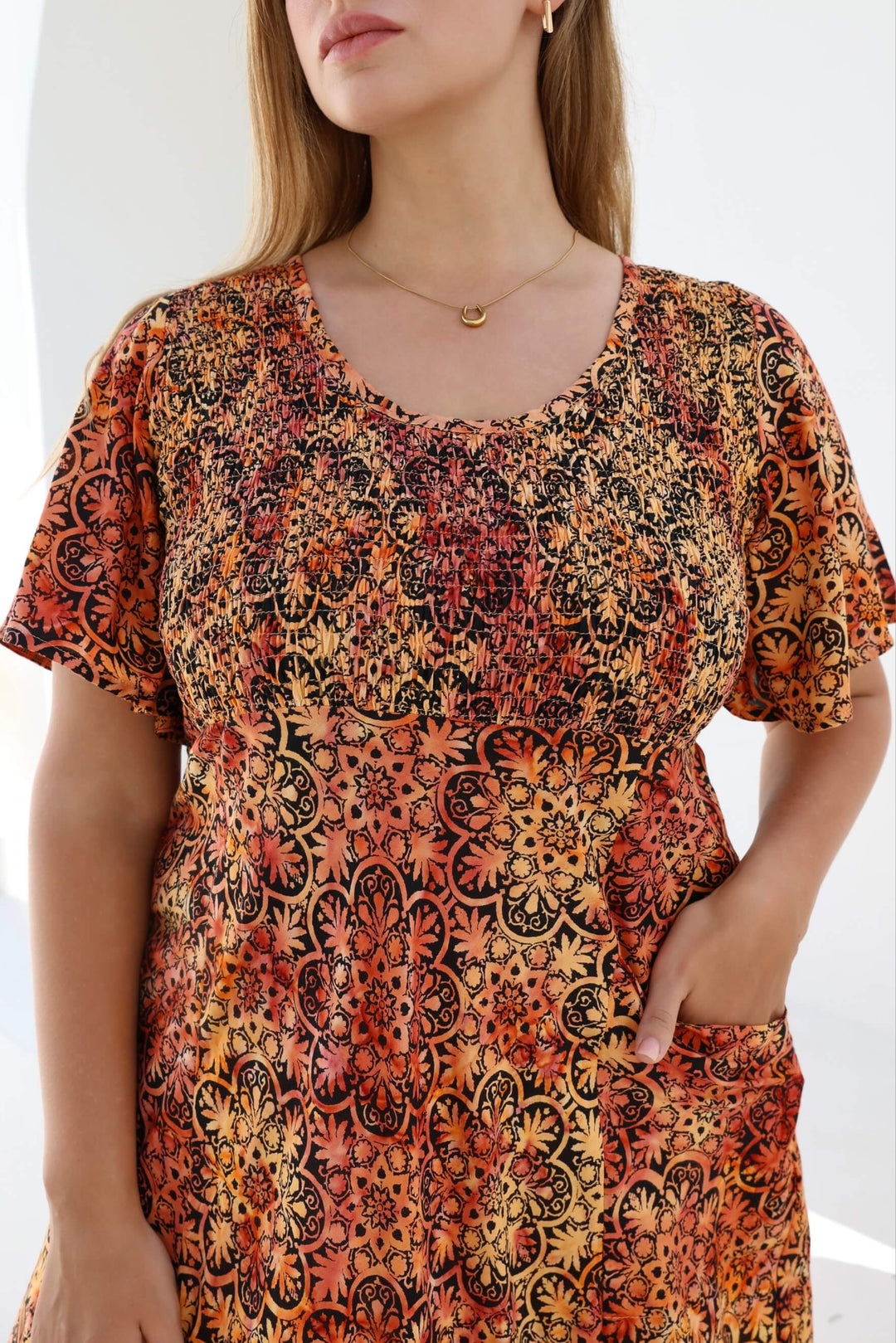 Sunset Mandala Shirred Dress