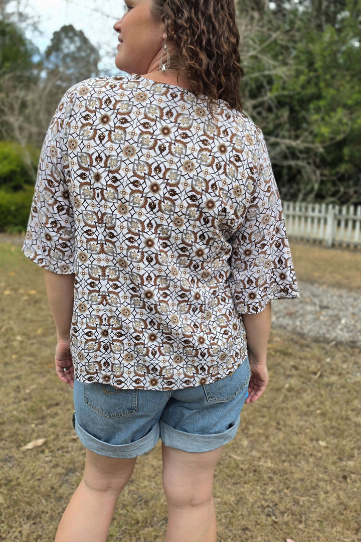 Chocolate Mosaic Top with Flutter Sleeve