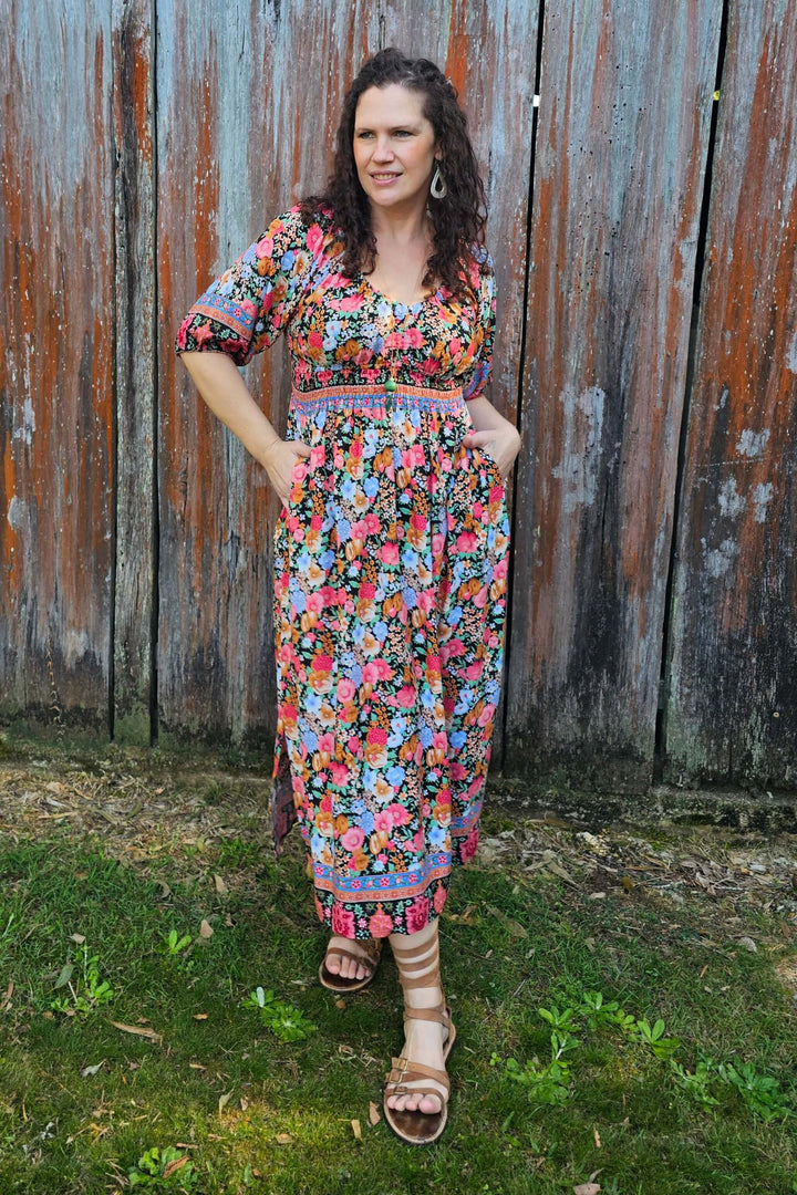 Black Bloom Maxi Cinch Dress