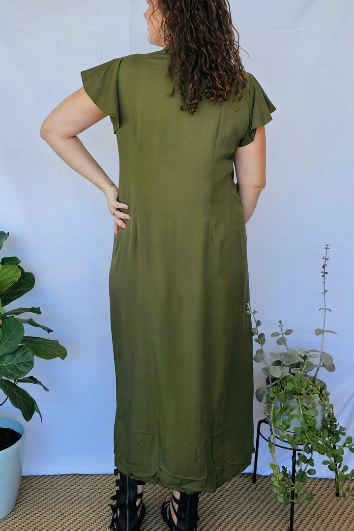 Khaki Maxi Dress With Frill Sleeve