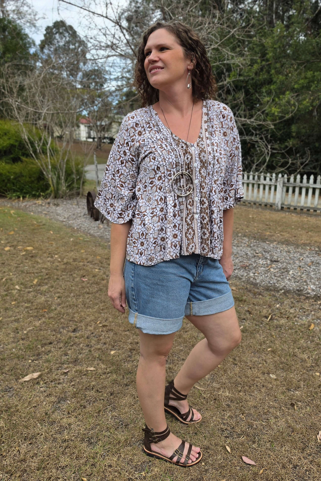 Chocolate Mosaic Top with Flutter Sleeve