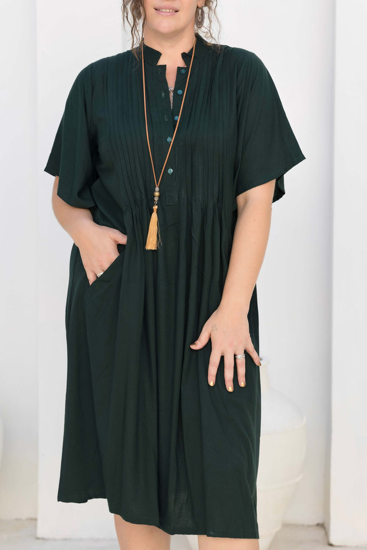 Moody Green Pintuck Midi Dress With Drape Sleeve