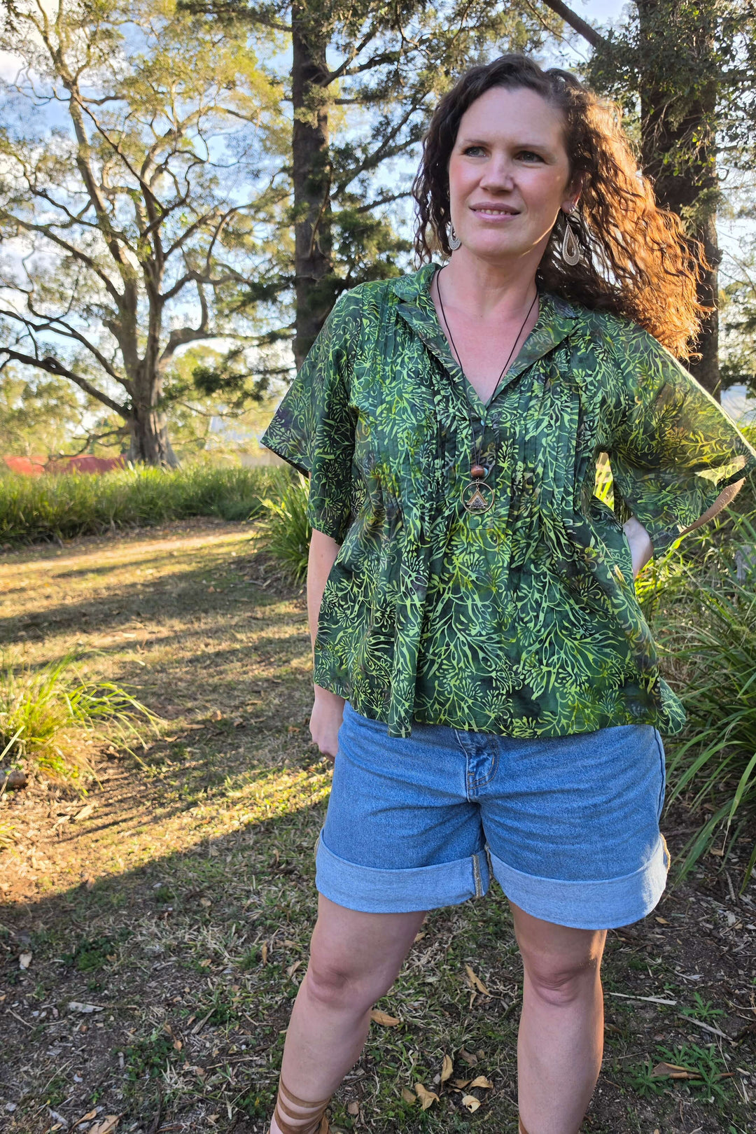 Evergreen Cotton Top with Drape Sleeve