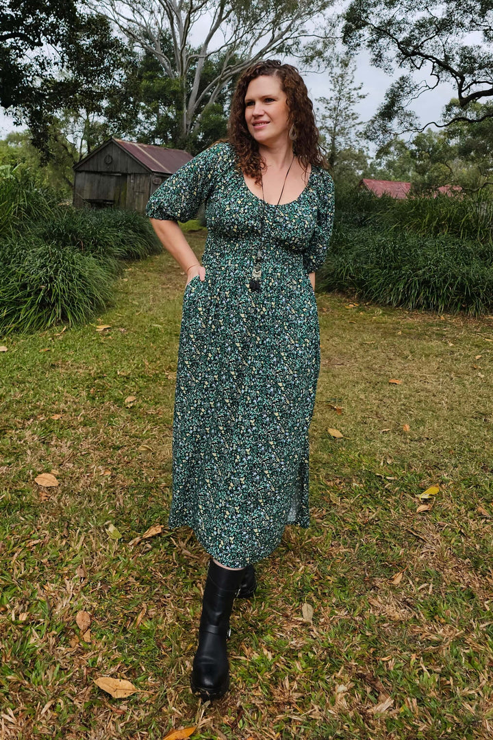 Green Blossom Maxi Cinch dress