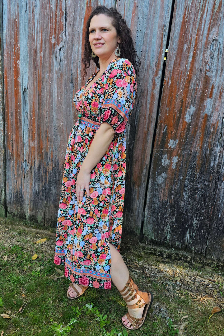Black Bloom Maxi Cinch Dress
