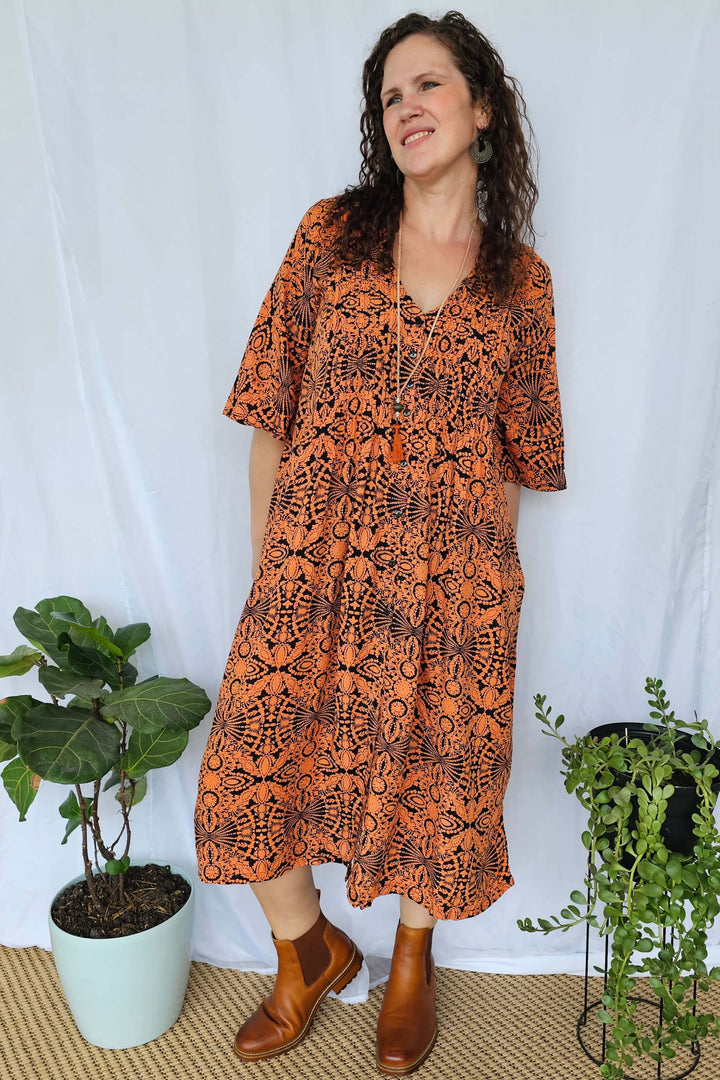 Orange Mandala Luna Midi Dress