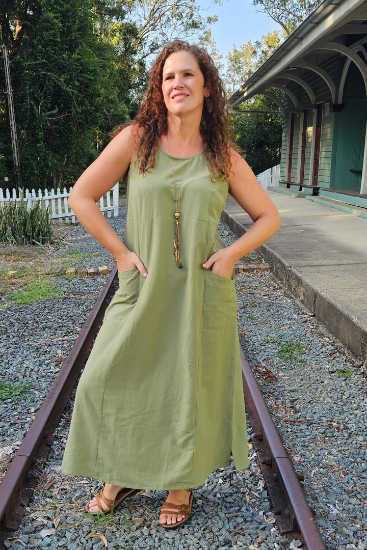 Avocado Cotton Shift Maxi Dress