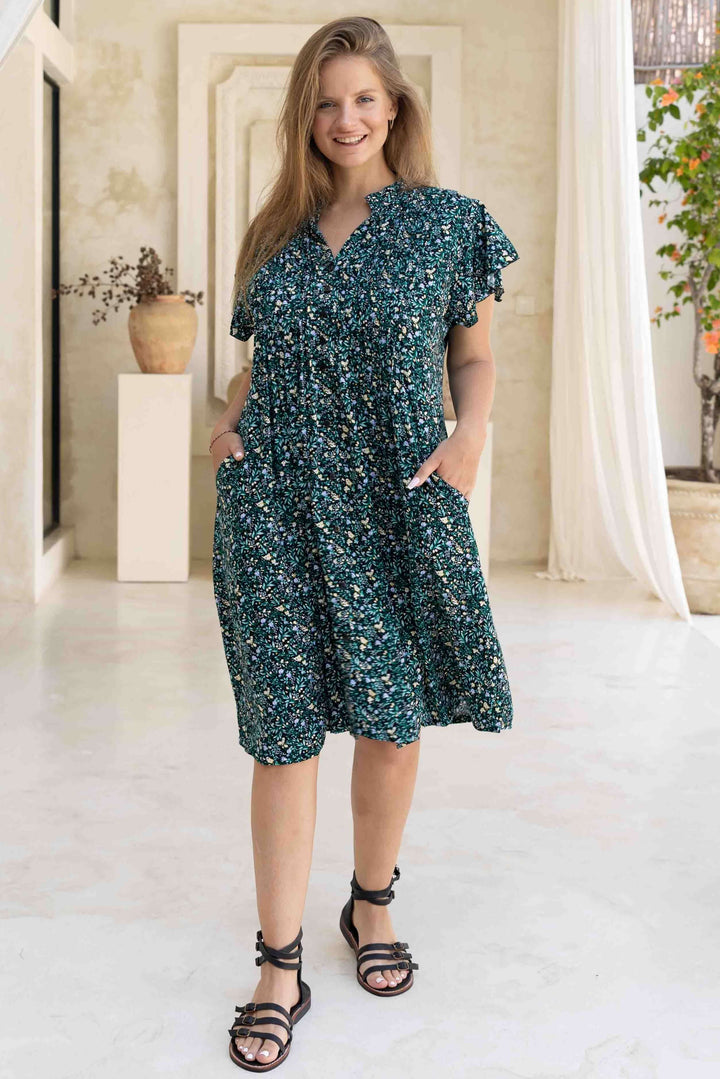 Green Blossom Dress With Frill Sleeve
