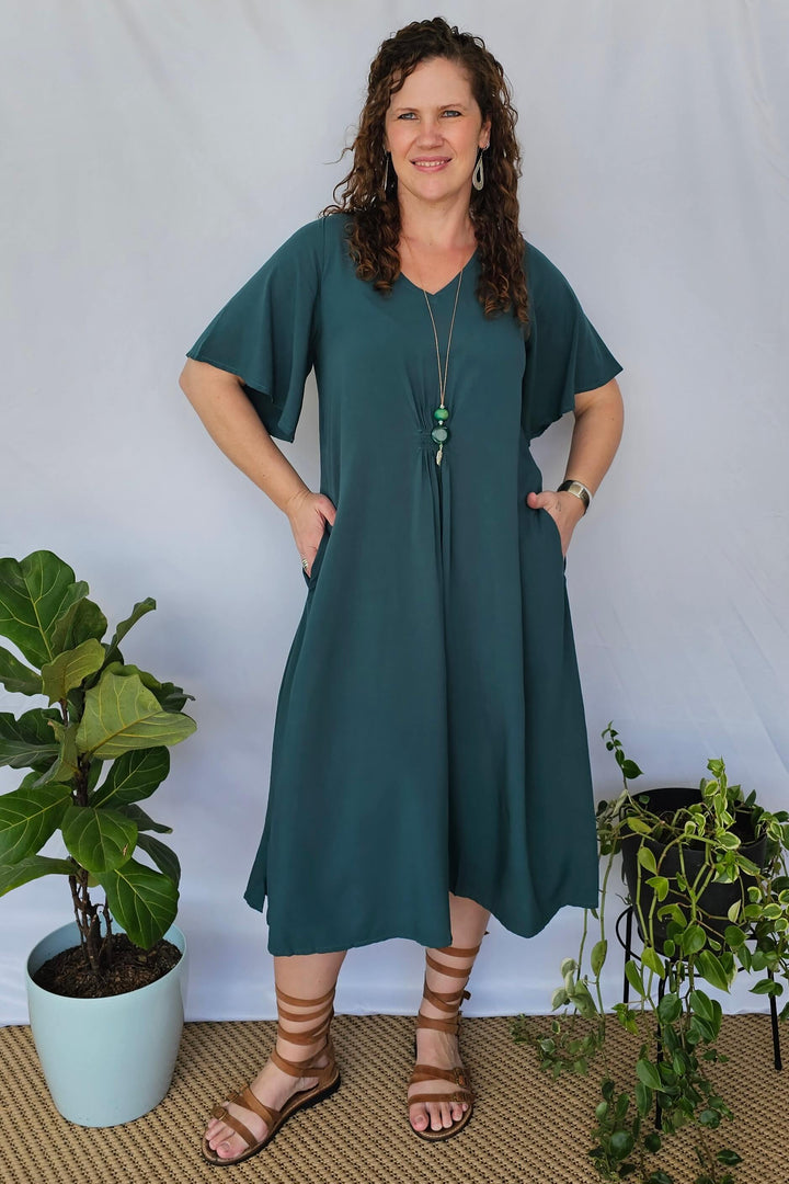 Emerald Ola Dress with Flutter Sleeve