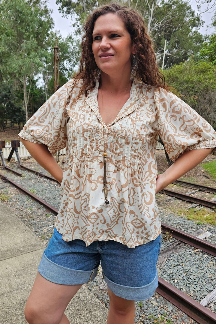 Taupe Swirl Top with Bell Sleeve