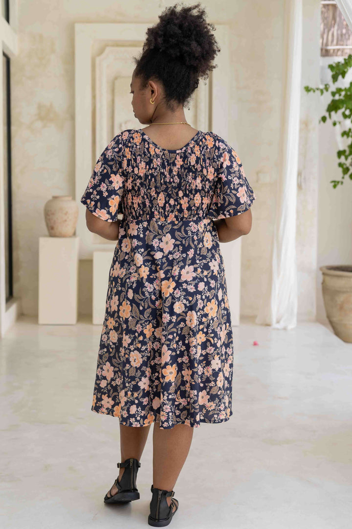 Midnight Pansy Shirred Dress