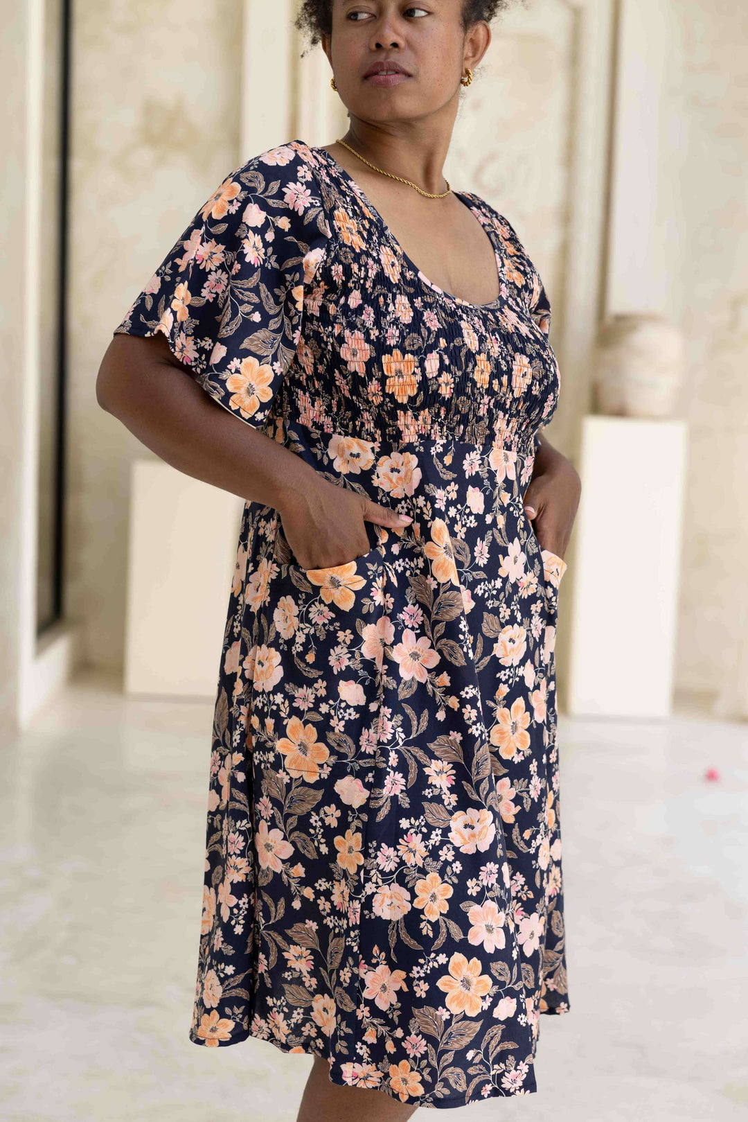 Midnight Pansy Shirred Dress