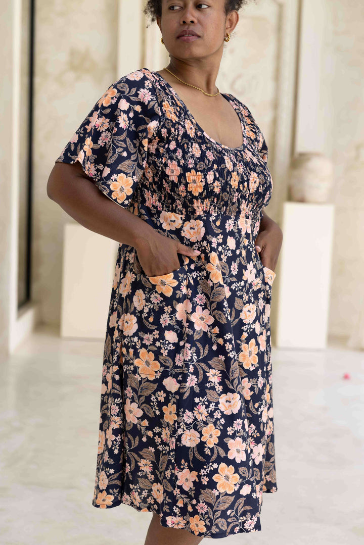 Midnight Pansy Shirred Dress