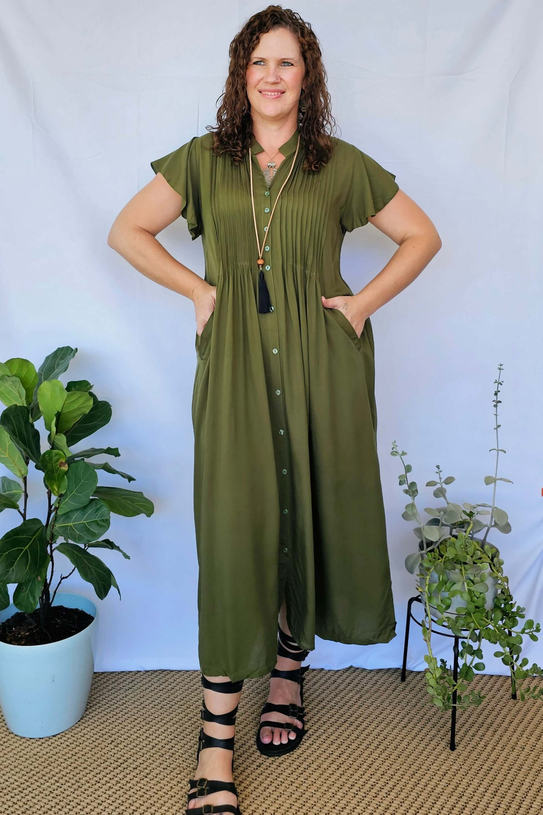Khaki Maxi Dress With Frill Sleeve