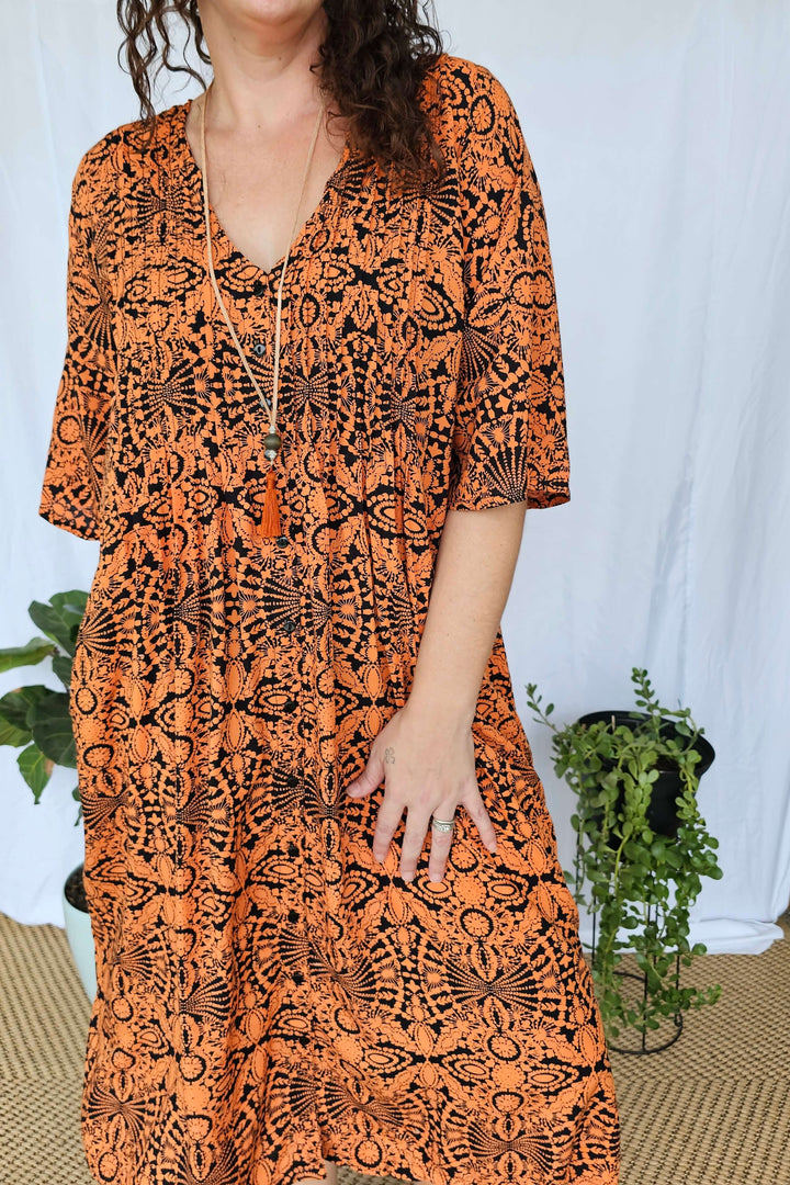 Orange Mandala Luna Midi Dress
