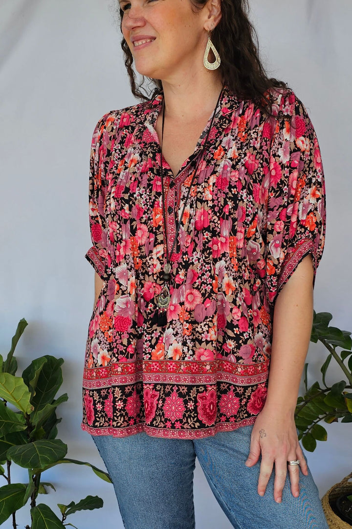 Fuschia Bloom Top with Bell Sleeve