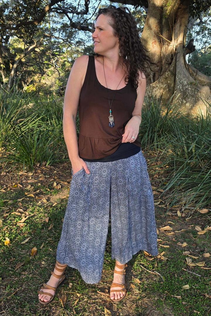 Navy Rosette 7/8 Palazzo Pants