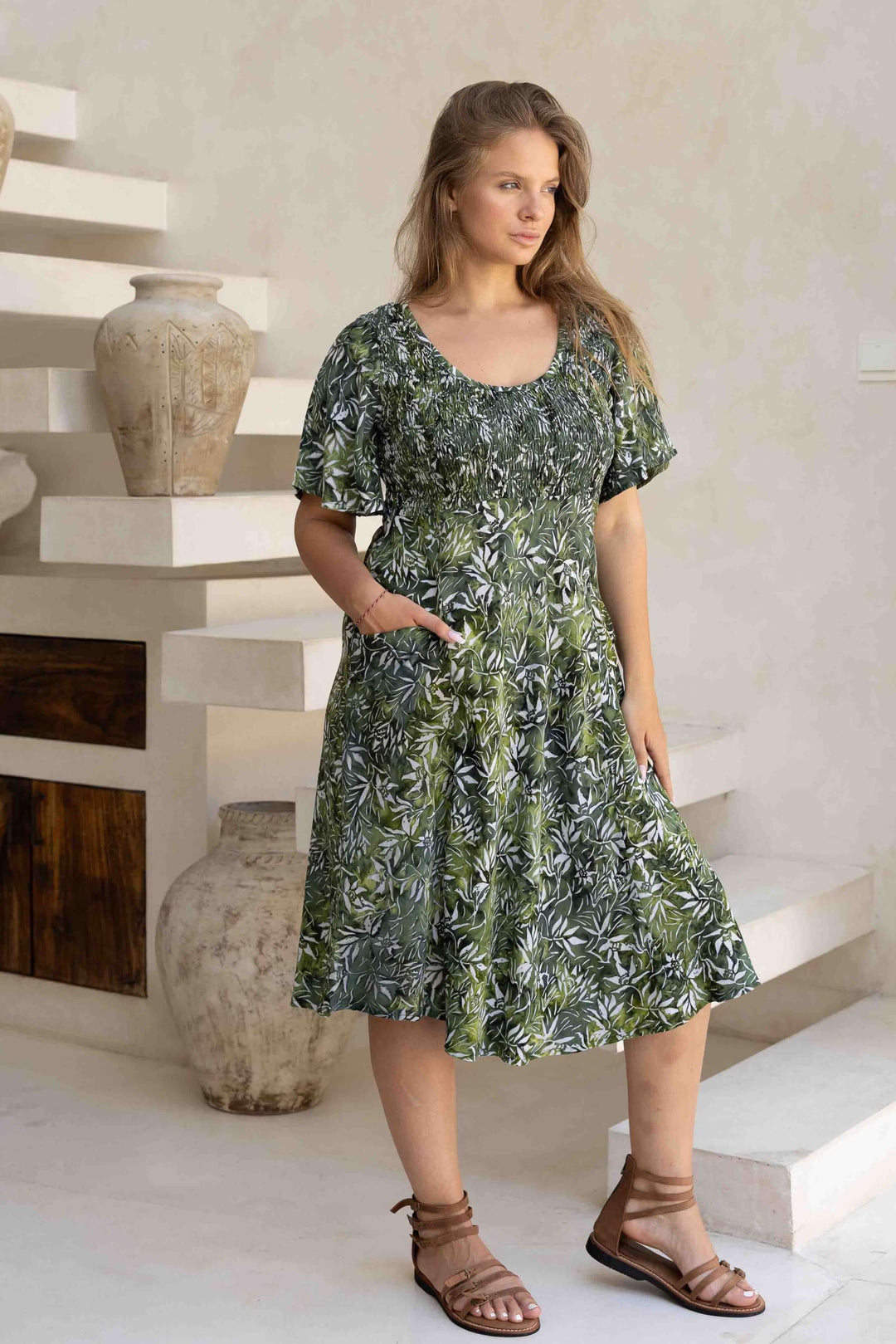 Lush Green Shirred Dress