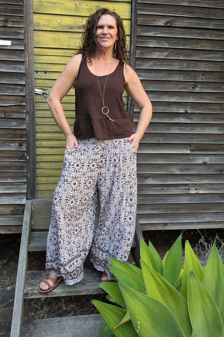 Chocolate Mosaic Frill Pants