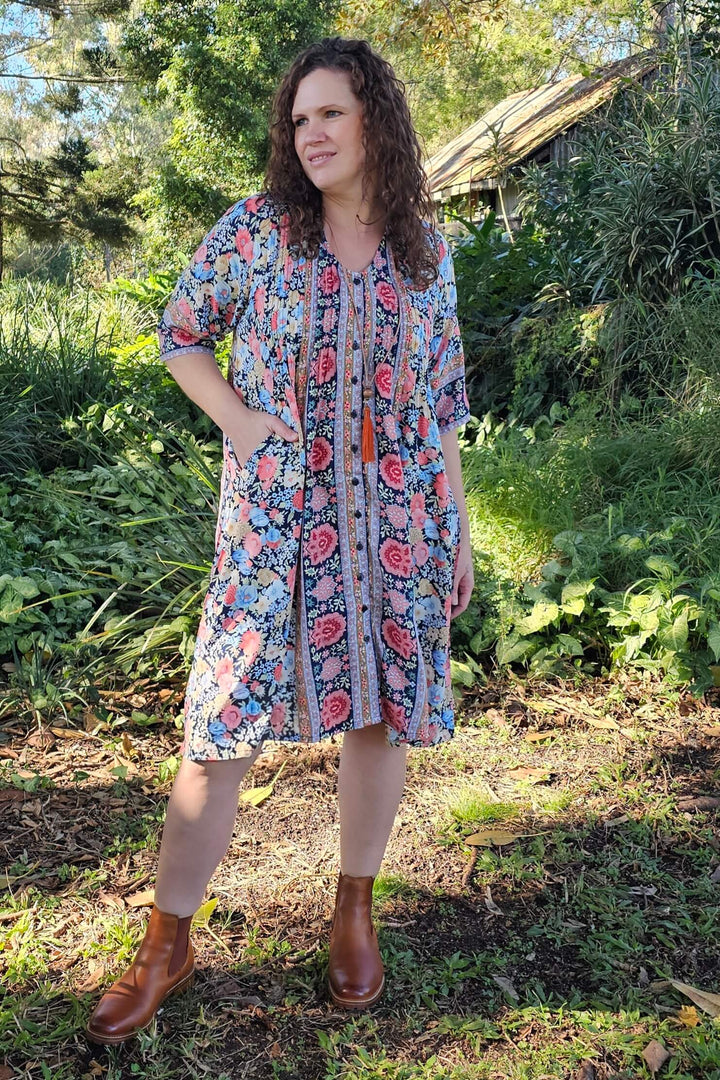 Midnight Bloom Tube Sleeve Pintuck Dress