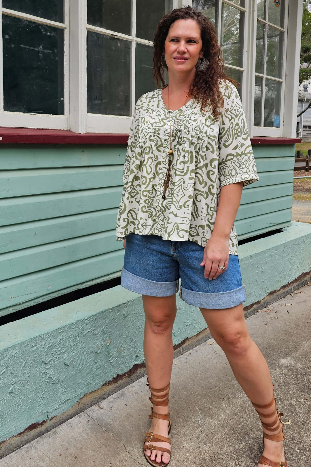 Khaki Swirl Tube Sleeve Pintuck Top