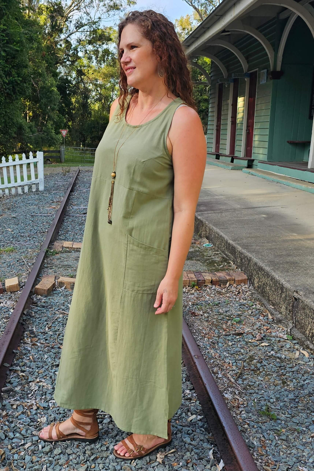Avocado Cotton Shift Maxi Dress